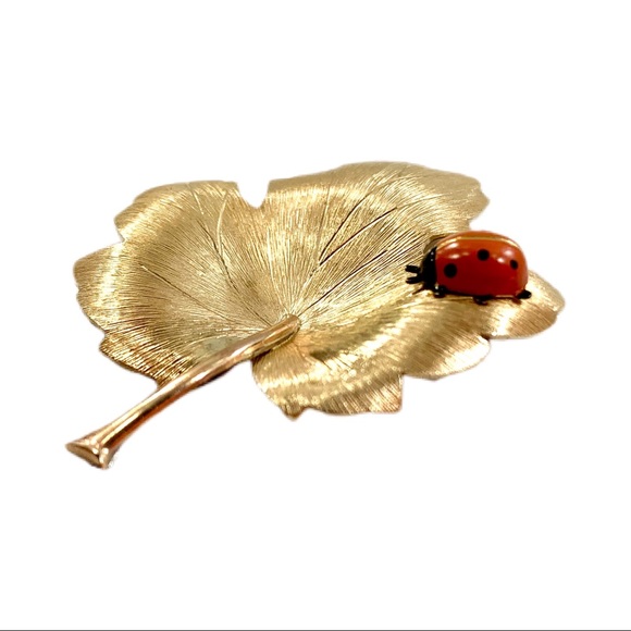 VTG Krementz 14k Overlay Ladybug Maple Leaf Brooch - Picture 4 of 11